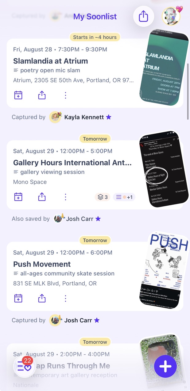 Soonlist app showing saved events and the friends who captured them